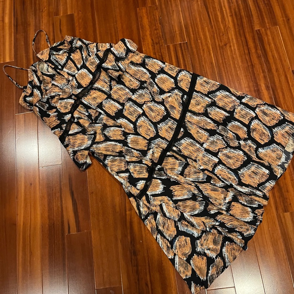 Hunter Bell Maxi Dress Black Orange Animal Print Tiered Sleeveless Midi Size 4